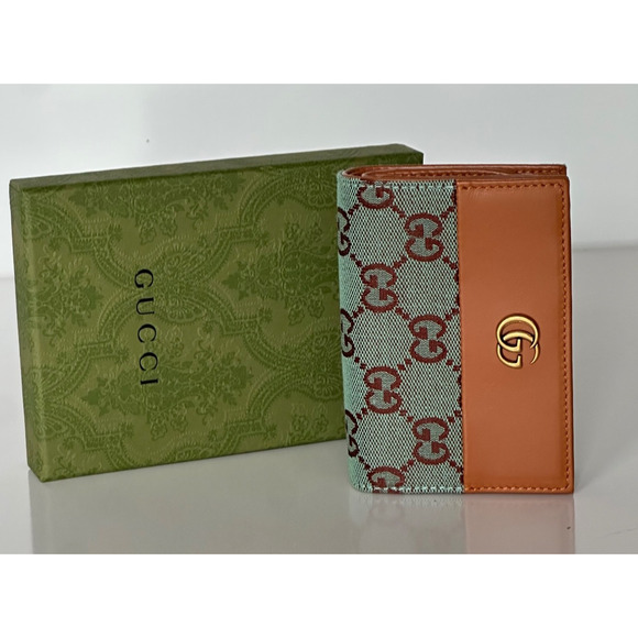 Gucci GG Leather/Canvas Compact Bifold Card Wallet Azure/Brown Italy 783121 NIB - Picture 4 of 12